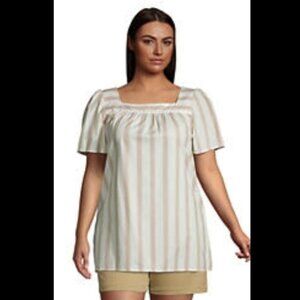 Lands End Poplin Square Neck Short Sleeve Tunic Top in Ivory & Tan Stripe - 2X